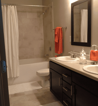 Modern bathroom with double sink vanity and bathtub