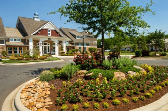 Landscaped entrance of suburban residential community building