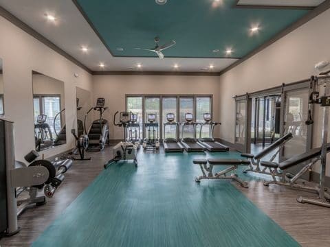 Modern gym interior with treadmills and weight machines