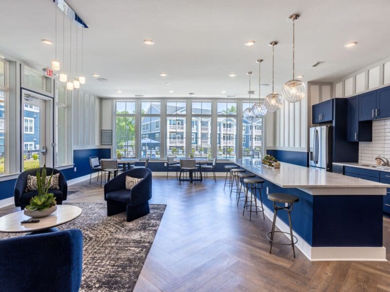 Modern apartment clubhouse kitchen and lounge area