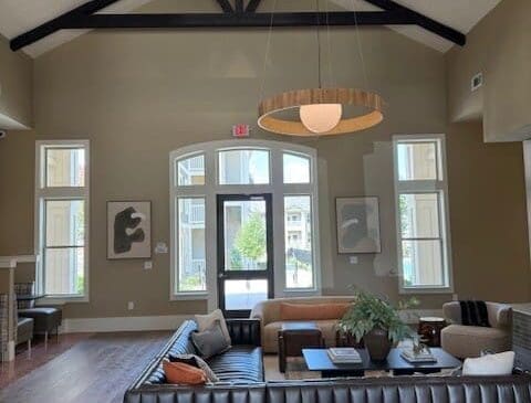 Modern living room with vaulted ceiling and beams