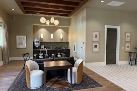Modern living room with dining table and kitchenette